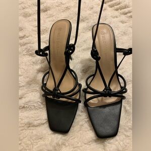 Wild Diva Black Strappy Square-Toe Lace-Up Heels